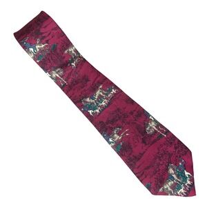 VTG Moore's Equestrian Horse Fox Hunt Silk Tie Burgundy Navy Hunting‎ Dog 57x4